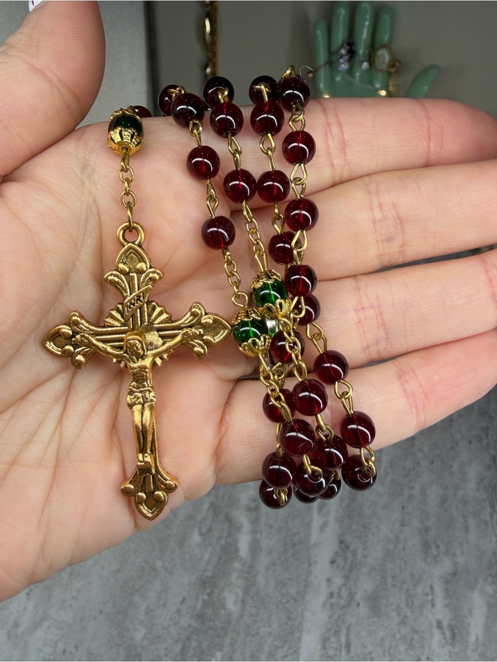 Gorgeous Glass Rosary Red Green Beads Gold Tone Jewelry Catholic Religious